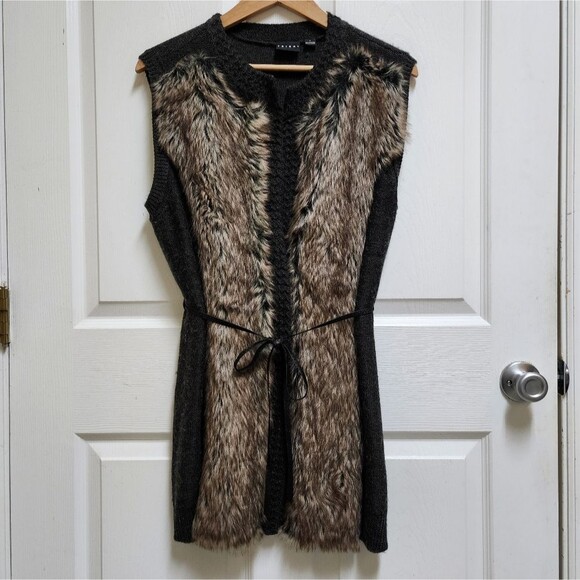 Tribal Sweater Womens L Brown Black Wool Blend Faux Fur Sleeveless Cardigan Boho - Picture 1 of 11